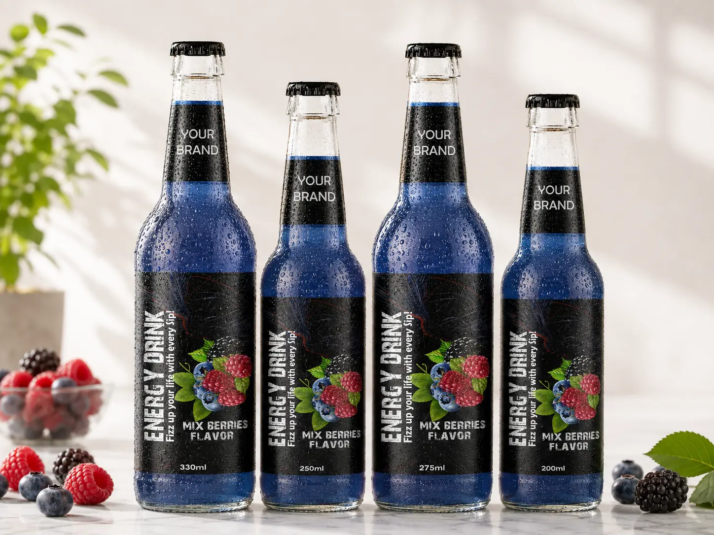 ENERGY DRINK Mix Berries flavor bottles in 330ml, 250ml, 275ml, and 200ml glass bottles.